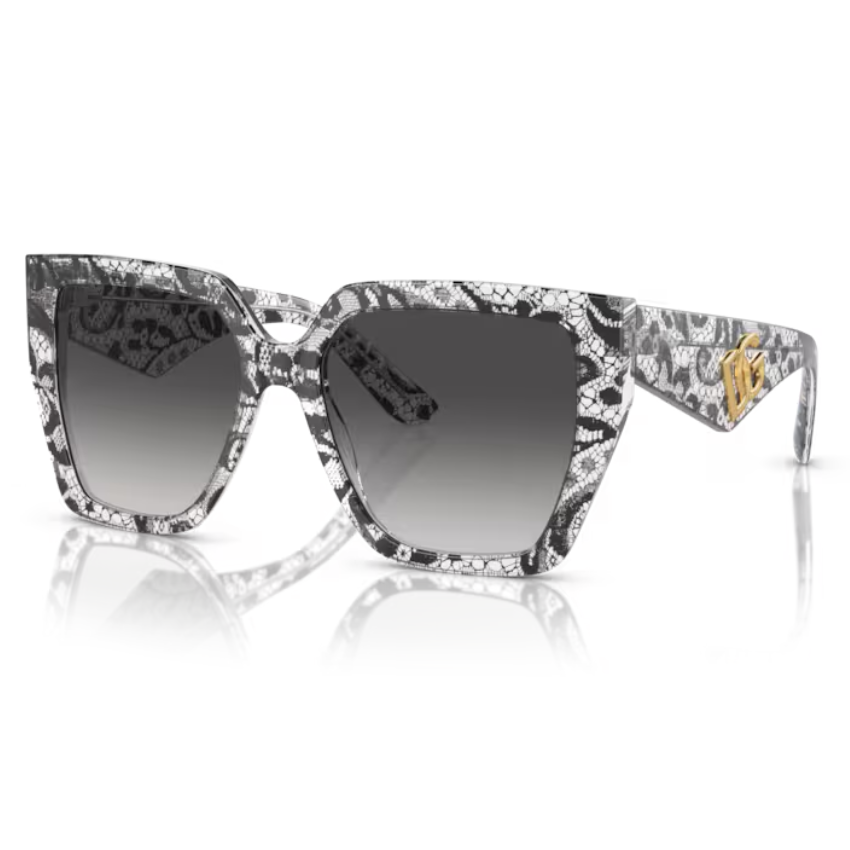Occhiali da sole Dolce & Gabbana DG4438 32878G montatura nera pizzo acetato lenti grigio sfumate forma squadrata oversize eleganza sofisticata donna Dolce Gabbana