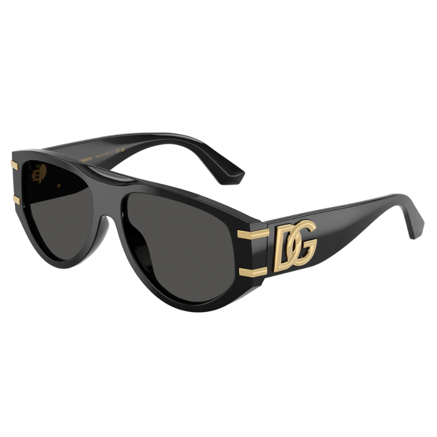 Occhiali da sole Dolce & Gabbana DG4499 501/87 montatura acetato nero aviatore shield lenti grigio scuro logo DG dorato donna eleganza