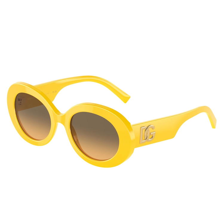 Dolce & Gabbana DG4448 333411 occhiali da sole ovali acetato giallo pop maxi logo DG oro lenti sfumate stile vintage glamour