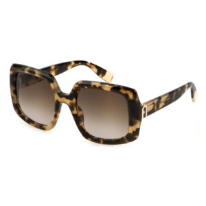 Occhiali da sole Furla SFU709 0801 acetato havana marrone tartarugato forma squadrata oversize lenti sfumate tripla gradazione grigio marrone rosa montatura donna