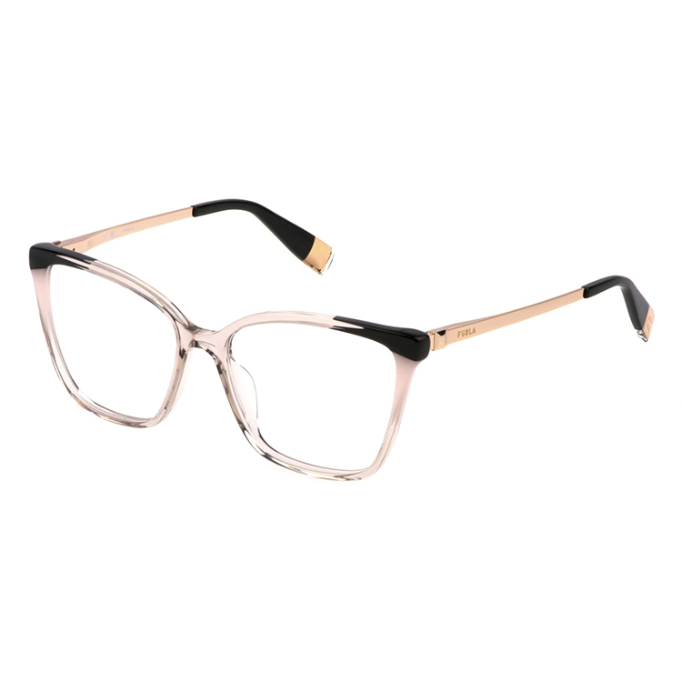 Occhiali da vista Furla VFU723V 07T1 acetato beige trasparente nero forma cat-eye aste metallo oro rosato montatura donna
