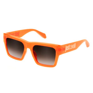 Just Cavalli SJC038 01KD occhiali da sole squadrati acetato arancione trasparente lenti marrone sfumate logo aste