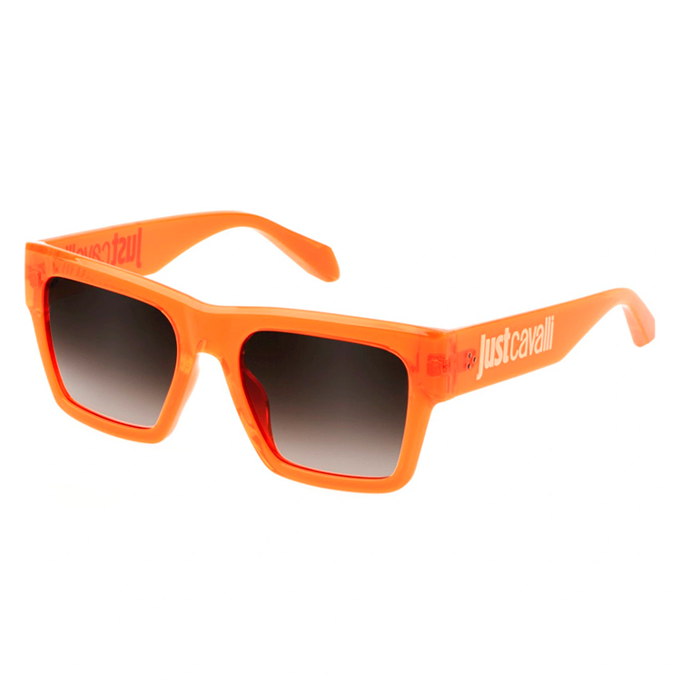 Just Cavalli SJC038 01KD occhiali da sole squadrati acetato arancione trasparente lenti marrone sfumate logo aste