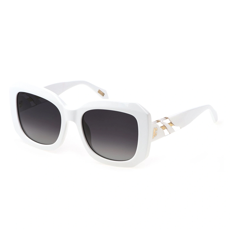 Just Cavalli SJC085V 0847 occhiali da sole squadrati oversize acetato bianco lucido logo JC oro lenti grigio sfumato stile glamour