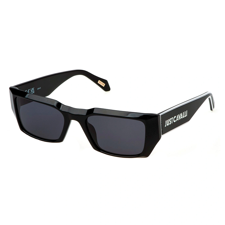Just Cavalli SJC090V 700F occhiali da sole rettangolari acetato nero lucido maxi logo bianco aste lenti fumo stile streetwear