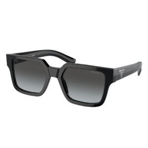 Prada PR 03ZS 1AB06T montatura acetato nero lucido lenti grigio sfumato vintage forma squadrata