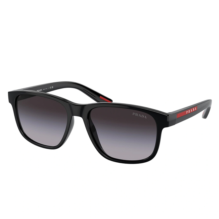 Prada Linea Rossa PS 06YS 1AB09U montatura iniettato nero con dettagli rossi lenti grigio sfumate forma rettangolare