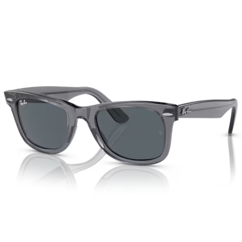 Ray-Ban RB2140 Wayfarer 6773R5 montatura squadrata acetato grigio trasparente lenti blu cristallo occhiali da sole classico