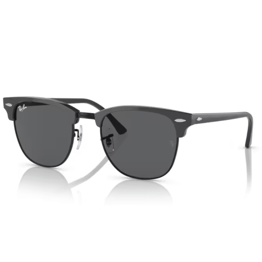 Ray-Ban RB3016 Clubmaster montatura acetato grigio lucido nero metallo aste rivetti lenti grigie occhiale squadrato