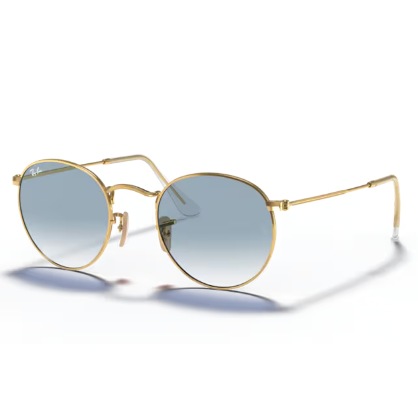 Ray-Ban RB3447N Round Metal 001/3F occhiali da sole tondi oro arista lenti piatte azzurro sfumato stile vintage chic bohemien