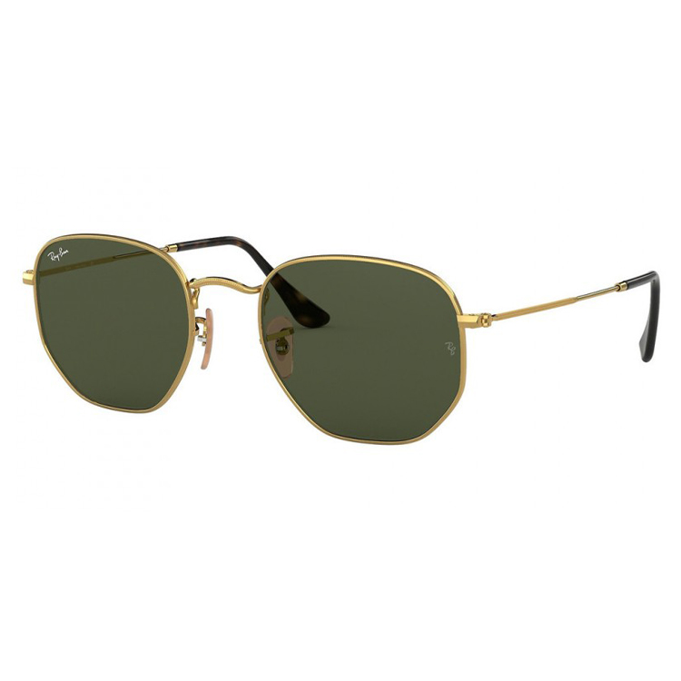 Occhiali da sole Ray-Ban RB3548N Hexagonal 001 metallo oro puro forma esagonale lenti cristallo verde G-15 montatura unisex.