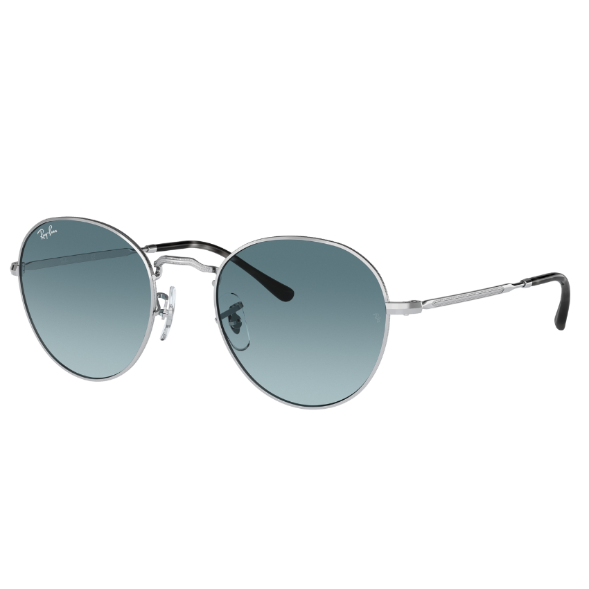 Ray-Ban RB3582 David 003/3M occhiali da sole tondi metallo argento lucido lenti blu sfumate stile vintage moderno intellectual chic