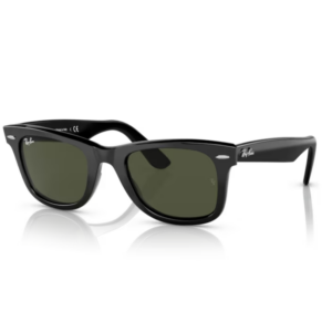 Ray-Ban RB2140 135831 Wayfarer occhiali da sole bio-acetato nero lucido ecosostenibile lenti verdi G-15 icona fashion responsabile
