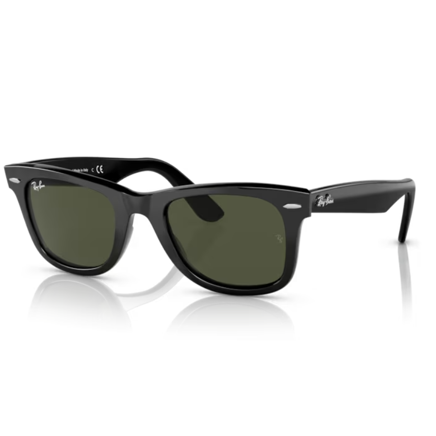 Ray-Ban RB2140 135831 Wayfarer occhiali da sole bio-acetato nero lucido ecosostenibile lenti verdi G-15 icona fashion responsabile