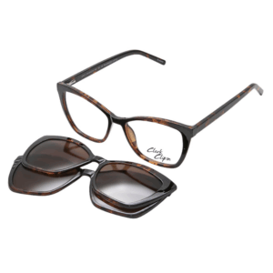Occhiali da vista Clark 1411 004 Havana con montatura cat-eye tartarugata e clip-on magnetico polarizzato su sfondo bianco