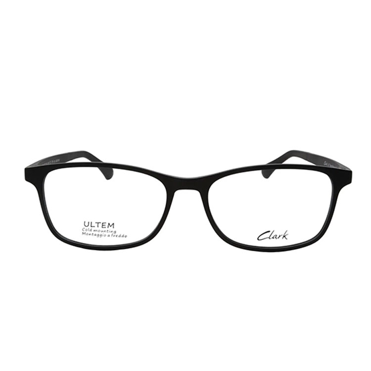 Occhiali da vista Clark 1036 001 con montatura rettangolare in acetato nero opaco su sfondo bianco
