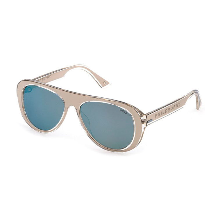 Occhiali da sole Lozza SL4255V Philosophy 880X acetato trasparente beige pilot forma aviator lenti specchiate azzurro teal montatura donna