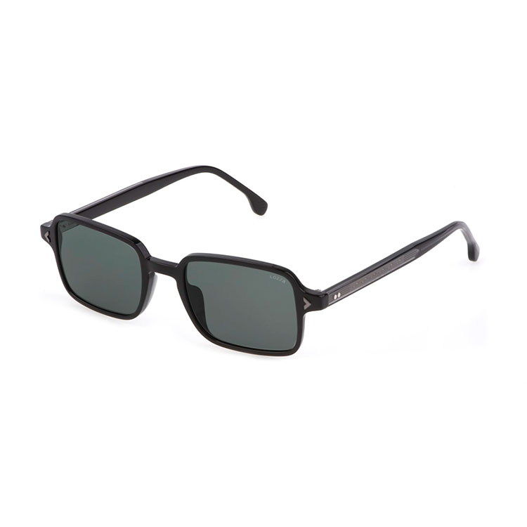 Occhiali da sole Lozza SL4302 Capri4 700Y acetato nero lucido forma squadrata geometrica aste trama cashmere lenti grigio verde montatura