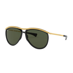 Ray-Ban 2219 Olympian Aviator 901/31, occhiali da sole in metallo nero e oro con lenti G-15 verdi