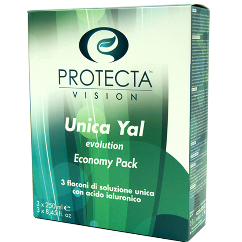 Protecta Unica Yal soluzione unica con acido ialuronico per lenti a contatto morbide – pack 3×250 ml