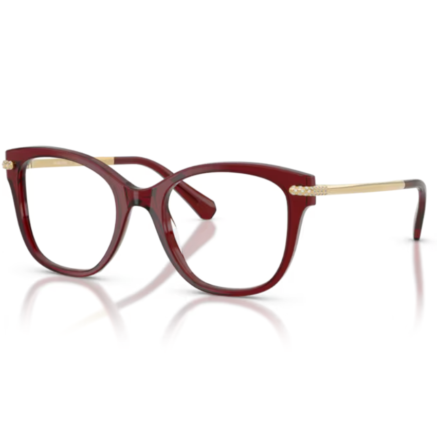 Swarovski SK2044 1073 montatura acetato bordeaux trasparente forma squadrata geometrica ponte alto aste metalliche occhiali vista donna