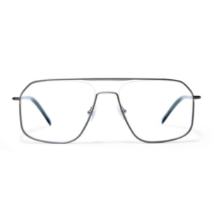 Occhiali da vista Gigi Studios 8114 Blake 9 unisex aviator in titanio satinato con terminali in acetato su sfondo bianco