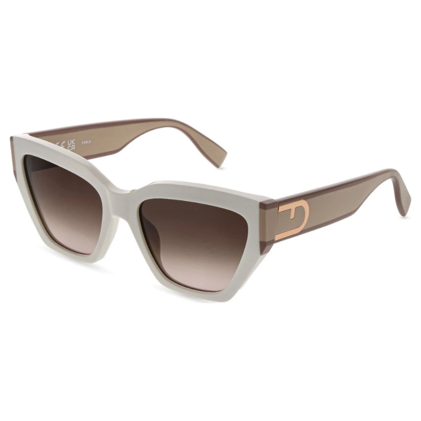 Occhiali da sole Furla SFU975V 03GF acetato avorio forma cat eye con lenti sfumate e logo dorato