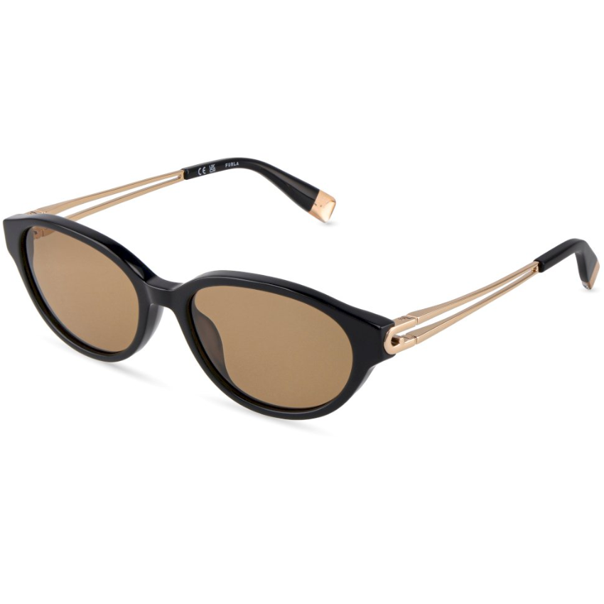 Occhiali da sole Furla SFUB31 700Y neri con aste dorate e lenti marroni forma ovale moderna