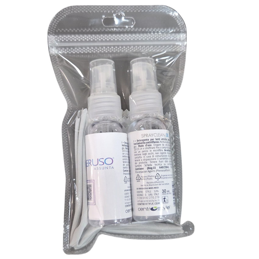Kit pulizia occhiali Centrostyle 2 Spray Clean 30 ml con panno in astuccio trasparente richiudibile