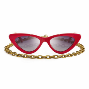 Occhiali da sole Centrostyle Paris rossi cat-eye con lenti polarizzate fumo degradato e catenella bronzo