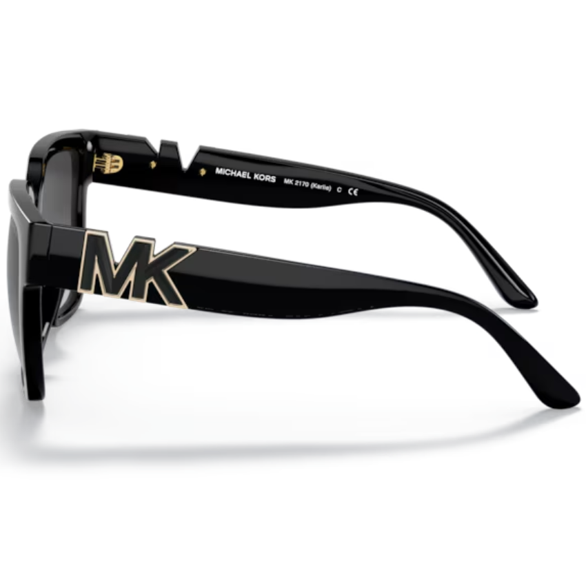 Occhiali Michael Kors Karlie nero con forma square oversize, maxi logo MK dorato e lenti grigio sfumate