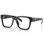 Occhiali da vista Prada PR 08ZV 1AB1O1 in acetato nero lucido con frontale squadrato, lenti trasparenti e logo triangolare Prada sulle aste