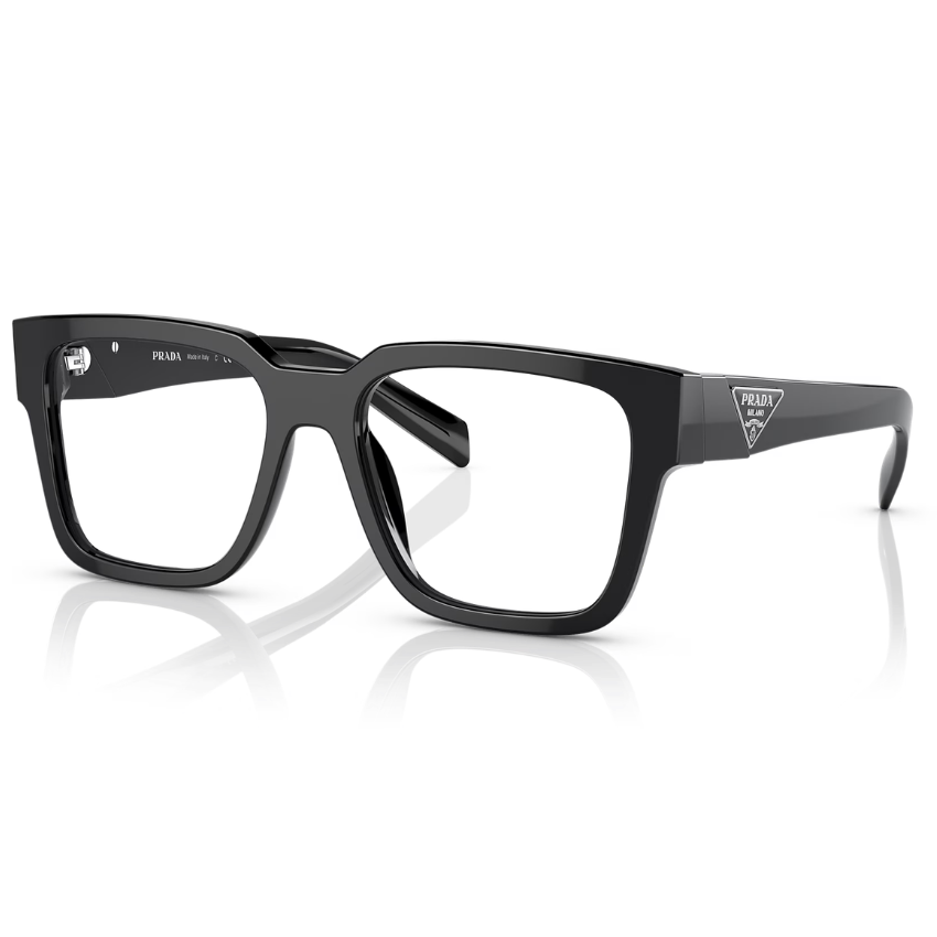 Occhiali da vista Prada PR 08ZV 1AB1O1 in acetato nero lucido con frontale squadrato, lenti trasparenti e logo triangolare Prada sulle aste